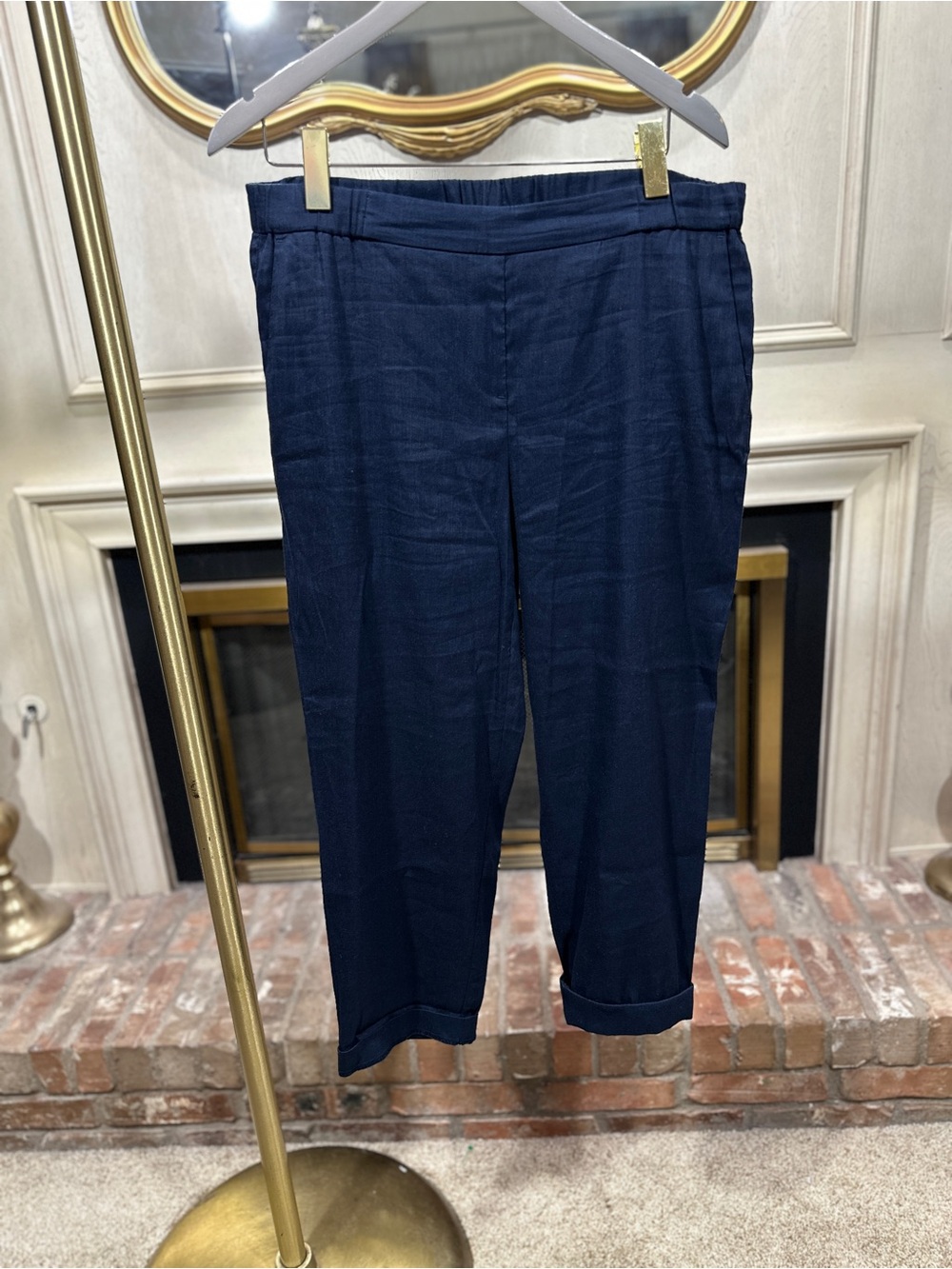 J.Jill Cropped Pants L Navy Blue Linen Coastal Auntie Resortcore